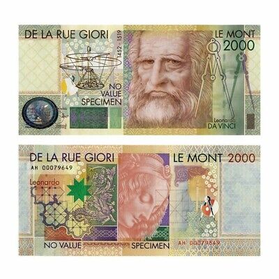 De La Rue Giori Leonardo Da Vinci 2000 Without Serial # Specimen Test Note Unc 