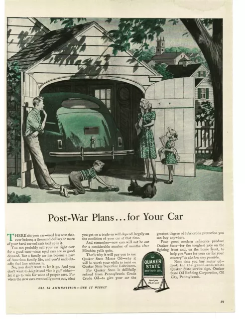 1943 Quaker State Motor Oil Happy Family Making Post-War Plans Vintage Print Ad