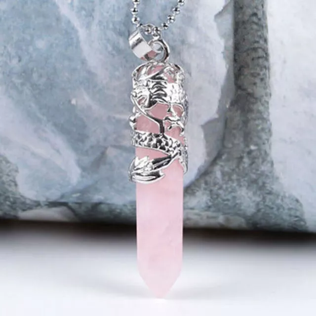 Natural Hexagonal Gemstone Dragon Pendant Healing Quartz Crystal Point Necklace