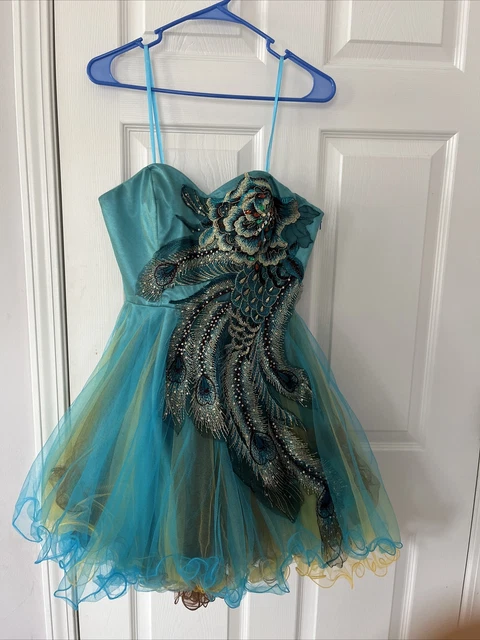 Girl/young ladies short frilly dress aqua peacock feathers Dave & Johnny size 5