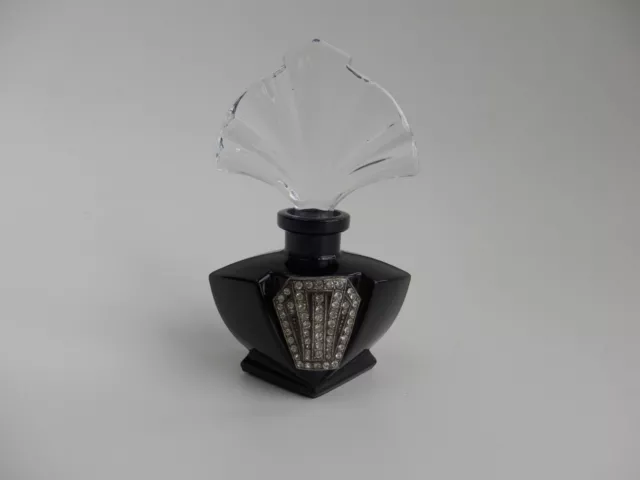 Vintage Black Glass Art Deco Perfume Bottle With Rhinestones