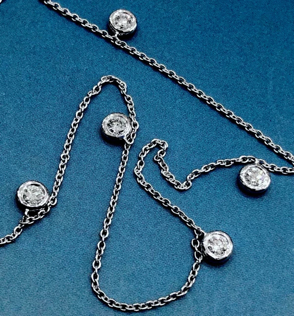 9ct White Gold Diamond Necklace 0.25ct chocker Rubover Bezel by the yard chain