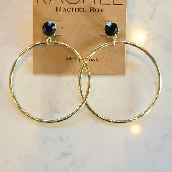 RACHEL Rachel Roy Gold-Tone Black Stud Drop Hoop Earrings 2