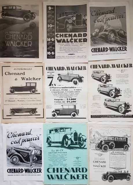 CHENARD-WALCKER - LOT of 9 1920's and 30's ADVERTISEMENTS - AD 951