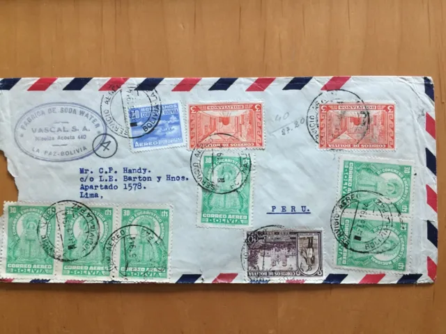 Airmail Cover from La Paz Bolivia to Lima Peru 23.02.1944 Rare Besonderheit