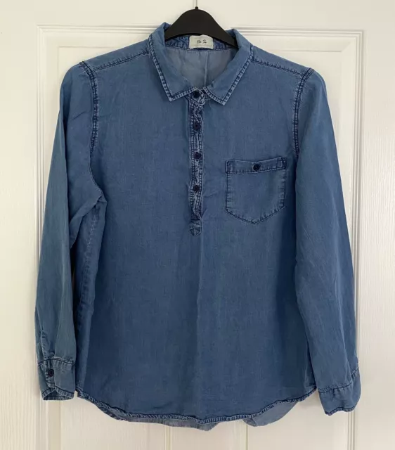 Camicia top in denim Per Se taglia 16 40"" busto 100% Lyocell 1/2 bottoni sul davanti casual