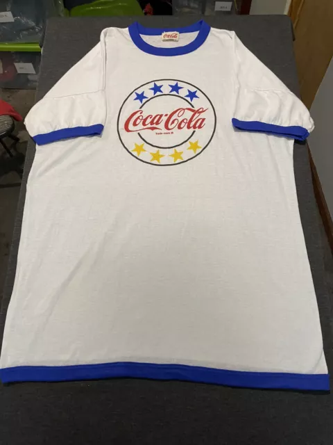 Vintage 80s Coca Cola Classic T-Shirt Size XL Stars Trade-Mark Spellout White