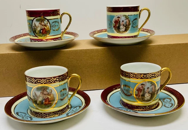VICTORIA CHINA SET of 4 Demitasse Cups/Saucers Czechoslovakia Gold Trim ...
