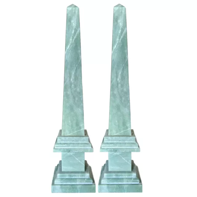 Coppia di Obelischi Marmo Verde Chiaro Scultura da Tavolo Home Decor H 40cm