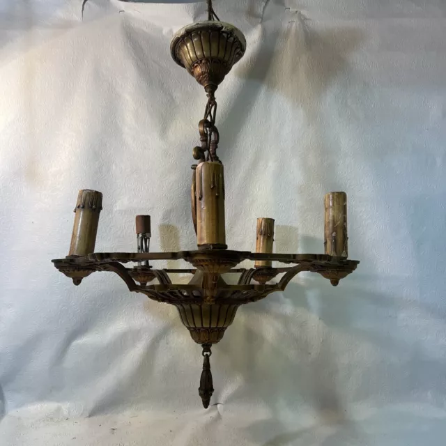 Antique Fancy Gold 5 Candle Cast Metal Art Nouveau Hanging Chandelier