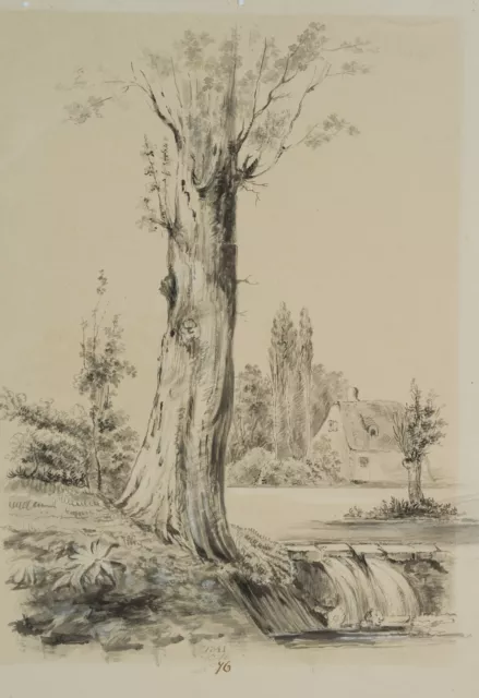 K. HOOG (19.Jhd), Kräftiger Baum in Parkanlage,  1841, Pinselzeichnung Romantik