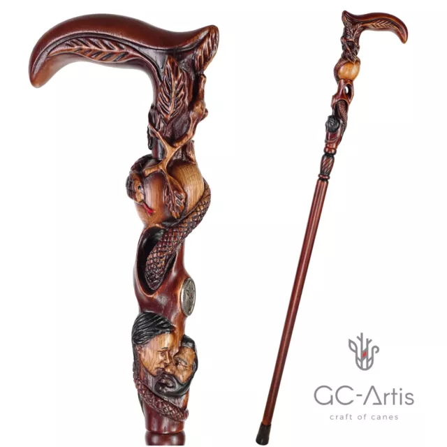 Adam Eve Walking cane Paradise Aple & Snake Wooden walking stick Religion style