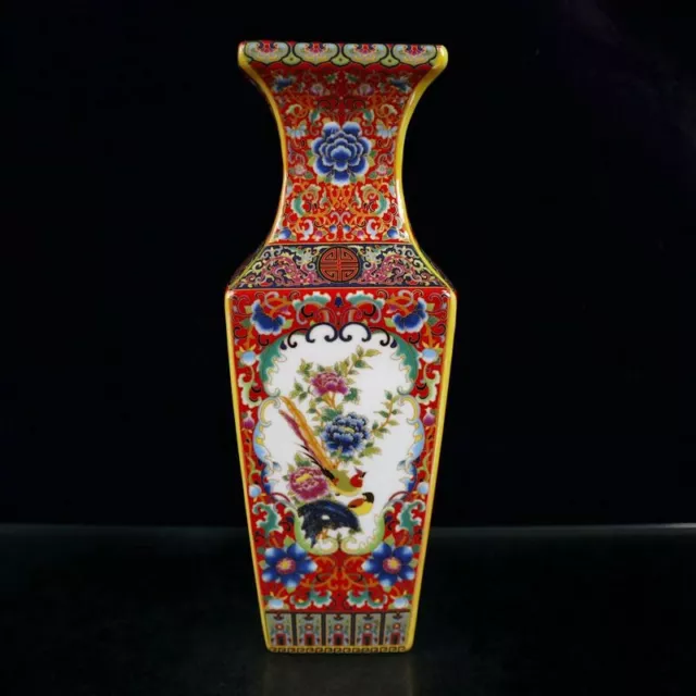 Old Chinese porcelain Enamel color Hand Painted Flower bird Quartet vase 9026