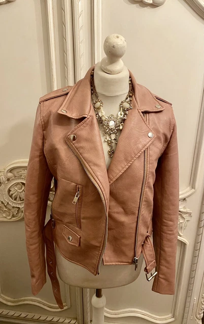 BERSHKA PINK Faux Leather Biker Jacket M £9.99 - PicClick UK