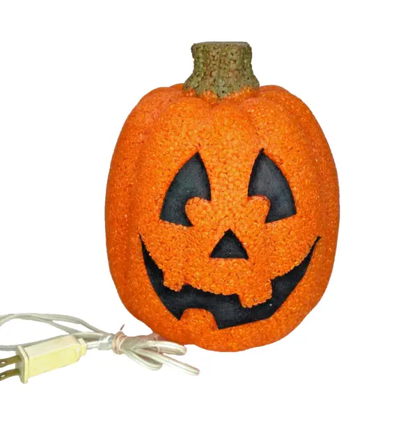 Melted Popcorn Plastic Pumpkin Halloween Electric Light Up Jack O Lantern 9"