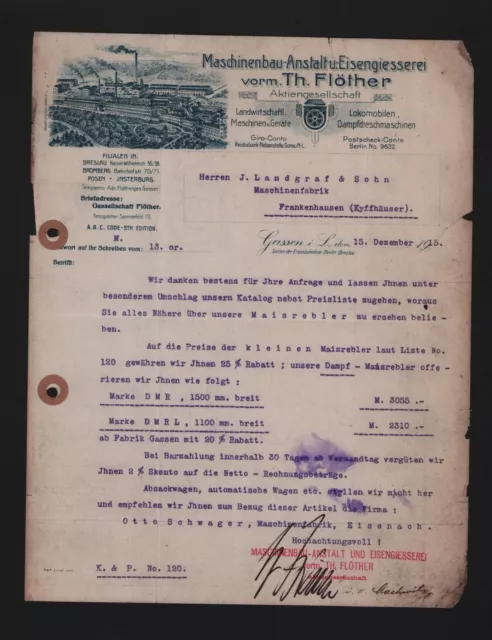 GASSEN, Brief 1915, Maschinenbau-Anstalt Eisengiesserei vorm.. Th. Flöther