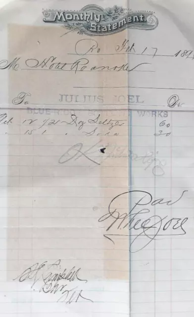 Monthly Statement Hotel Roanoke to Julius Joel Blue Ridge Bottling Works 1896