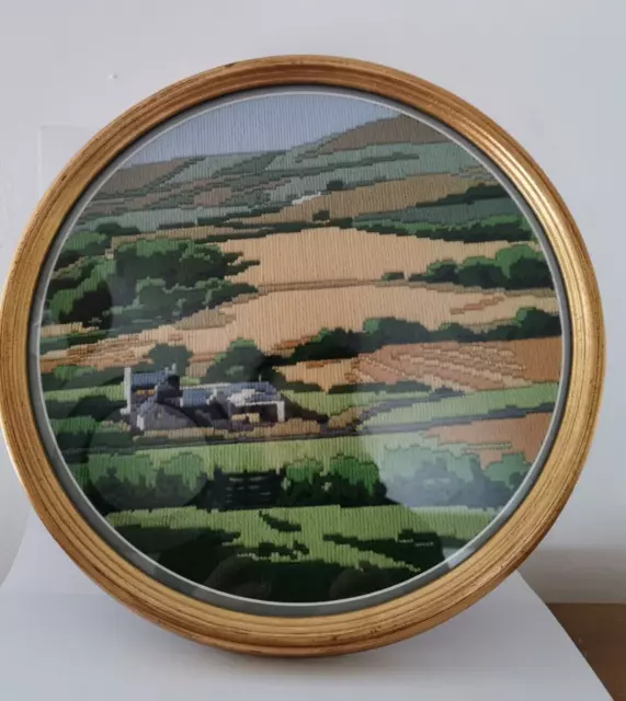 Hand Sewn Tapestry Picture Framed Round Country Fields Needlepoint 32cm