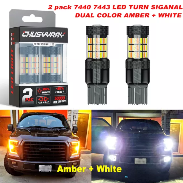 White Amber 7443 LED Switchback Turn Signal Parking Light Bulbs Dual Color 2PC