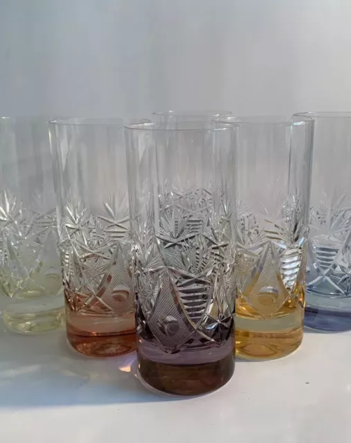 SET BOHEMIAN CZECH CUT TO CLEAR CRYSTAL Six Glasses Highball..6in ..