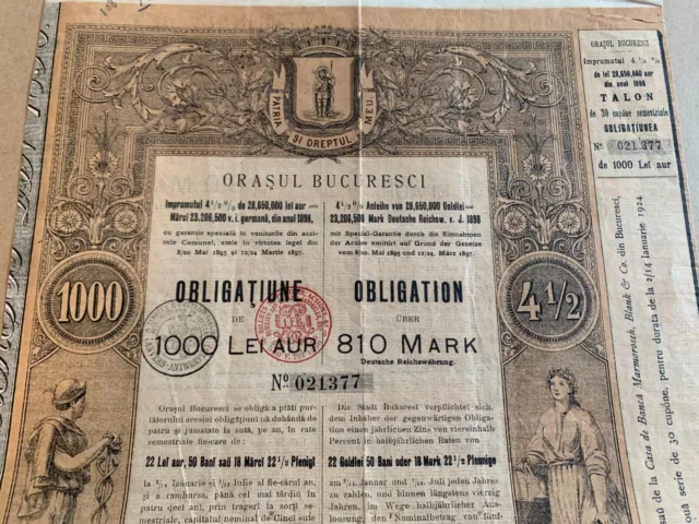 1000 Lei AUR 1898 GOLD  Bucharest Romania Bond Stock Certificate uncancelled