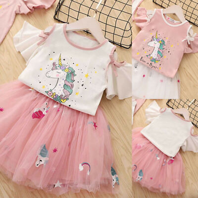 Girls Unicorn Tops + Lace Tutu Skirt Outfit Kids Summer Dress Set Casual 2pcs