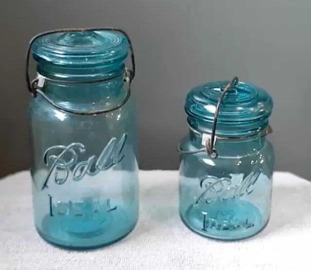 Pair Ball Ideal Aqua Blue Pint & Quart Canning Jar Wire Bail & Glass Lid
