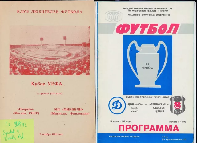 2 Match-Programs UEFA D. Kiev - Besiktas Ist. 86/87 + Spartak Moskva Mikkelin 91
