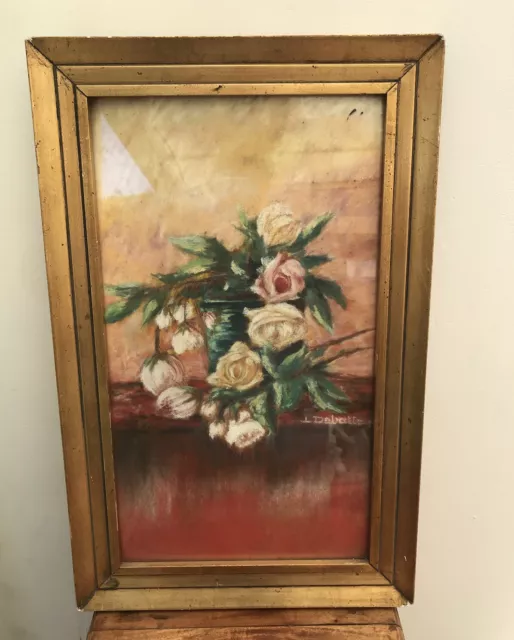 Antique Original Pastel Rose Still Life 1934 French Art Deco Débatte 9.5x17 Gilt