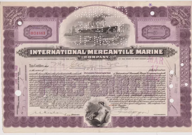 International Mercantile Marine Stock Certificate New Jersey Purple