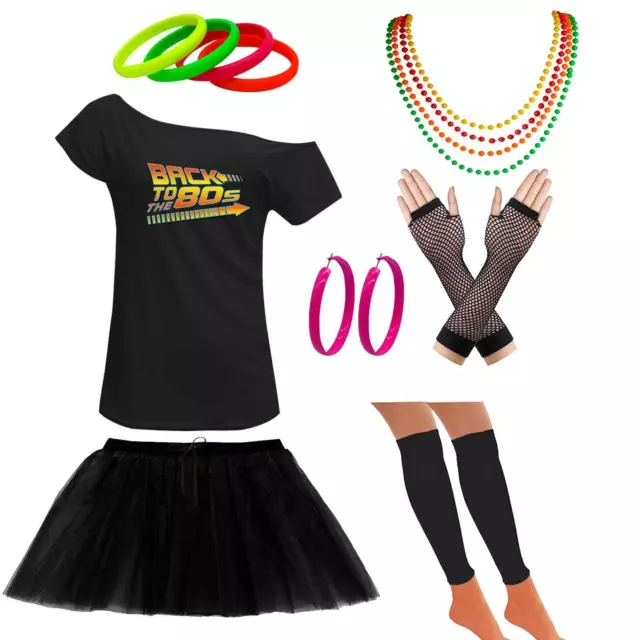 Ladies Off Shoulder Back To The Eighties TShirt Tutu Skirt Set Accessories 6450