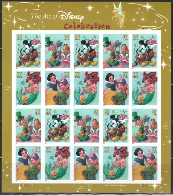 Mint US The Art of Disney Pane of 20 Stamps Sheet Scott# 3912-3915 (MNH)
