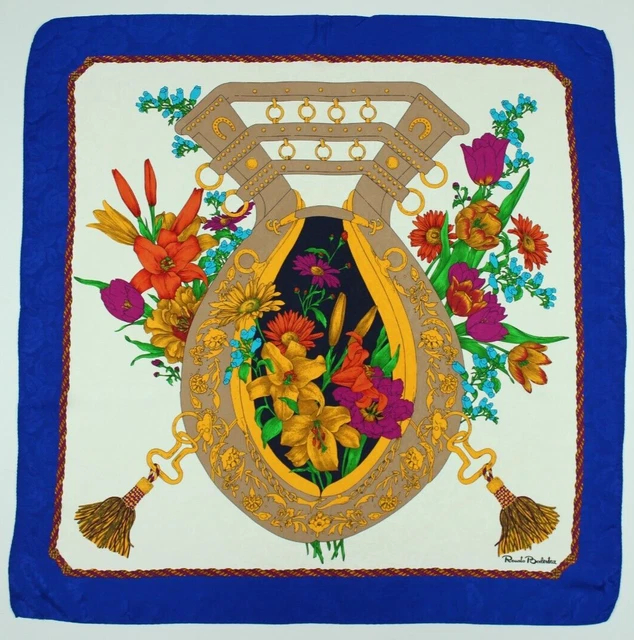 Foulard Vintage RENATO BALESTRA 100% Soie 86x88 Cm Bleu Nuit - Foulard Carré Bandana Luxe Occasion | Accessoire Mode Italien Haute Qualité