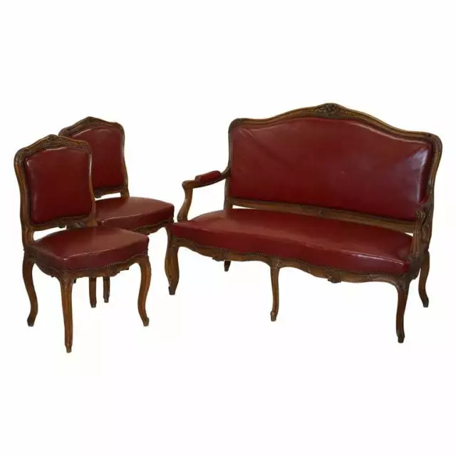 Oxblood Leather French Louis Xv Style Salon Suite Walnut Armchairs & Sofa Settee