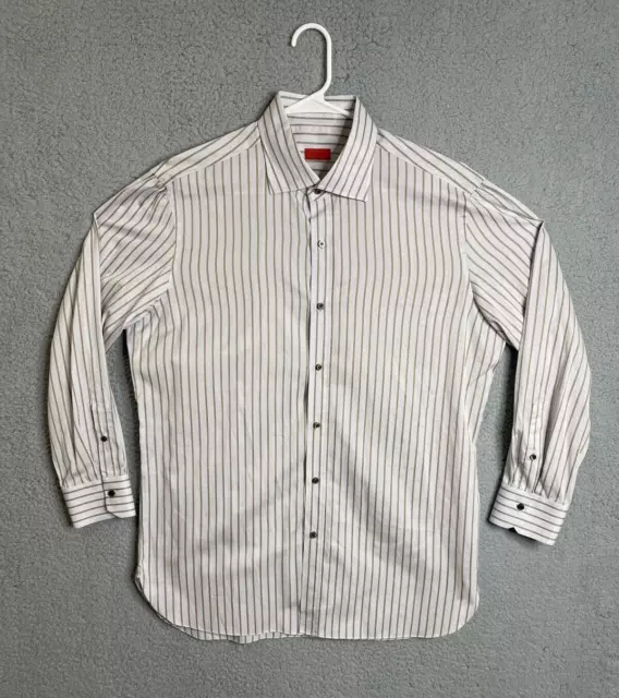 ISAIA Napoli Cotton Long Sleeve Dress Shirt Mens 16.5 42 White Striped