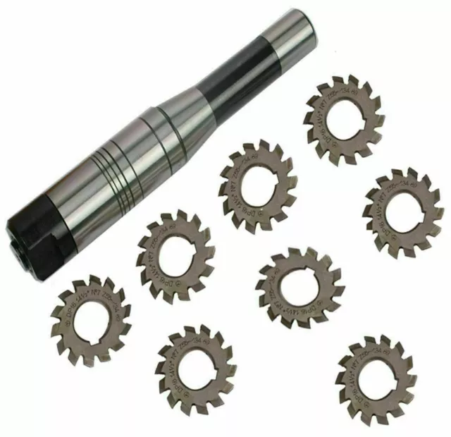 8pcs M1 20 Degree HSS Involute 1-8 Gear Cutter + 1pc 7/16"  22mm R8 Shank Arbor