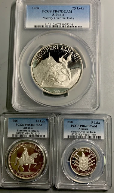 Albania 1968 Proof Set / 25 L Km52.3, 10 L Km50.3 & 5 L Km49.1 / PCGS PR67/64/67