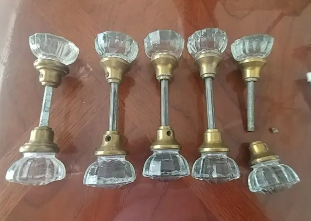 Vintage Antique 12 Point Glass Brass Door Knobs Handles, Lot Of 10