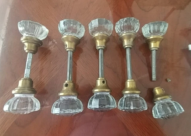 Vintage Antique 12 Point Glass Brass Door Knobs Handles, Lot Of 10