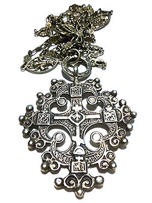 Old Highly Ornate Italy 800 Silver Cross Fleur De Lis Flower Pendant Necklace