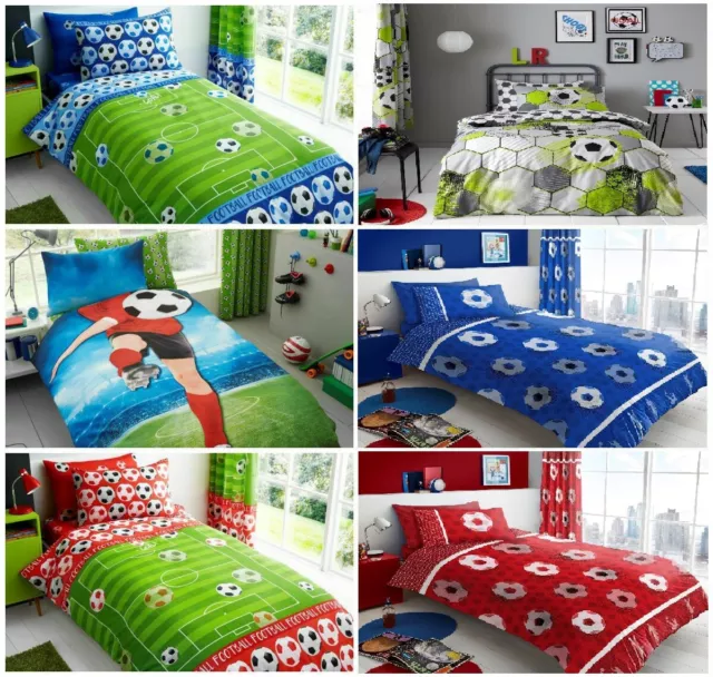 Kids FOOTBALL BEDDING FITTED SHEET OR CURTAINS Reversible DUVET COVER SET