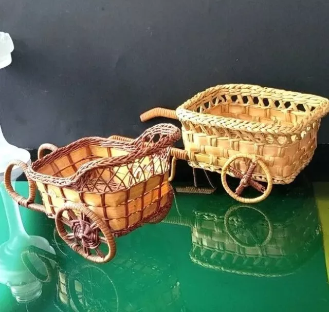 2 Wicker Brown and Tan Sleigh Carts w/ Wheels Holiday baskets 2