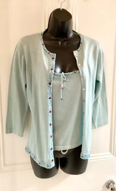 Coast  100% Cotton Blue Pretty Beaded Twin Set Top  And Cardigan Size 10