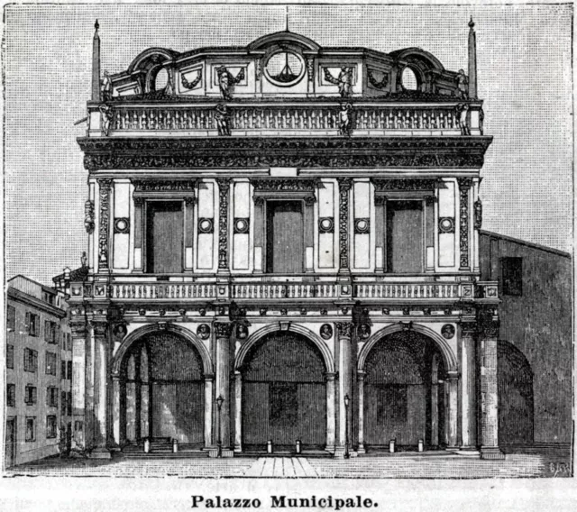 Brescia: Palazzo Comunale. Stampa antica + passepartout. 1889