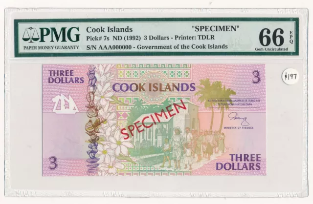 Cook Islands $3 SPECIMEN Note ND 1992  P. 7  PMG 66 GEM UNC EPQ