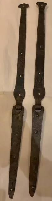 Antique Pair Hand Forged Wrought Iron Strap Hinges; Barn, Chest, Trunk; 1800’s?