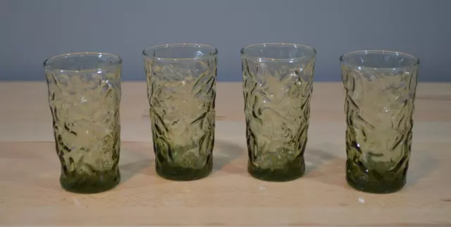 4 Aztec Olive Green Libbey Juice Glass Drinking Tumbler Glasses 5 oz 1960s