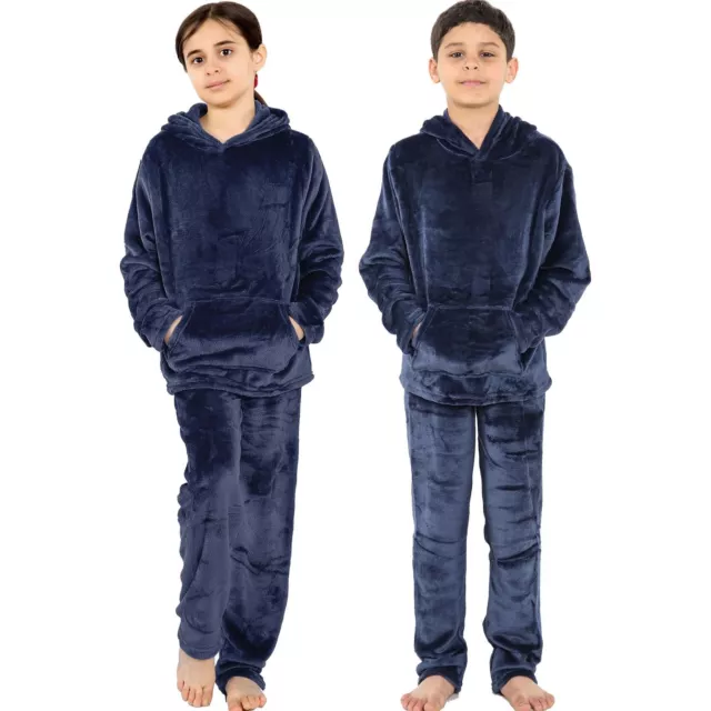Kinder marineblau warmer Kapuzenpyjama mit Vlies für Mädchen & Jungen Schlafanzug 2-teiliges Geschenkset