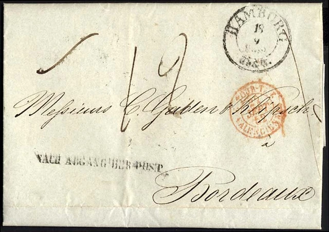 HAMBURG-THURN UND TAXISCHES O.P.A. 1852, HAMBURG Th.& T., K3 auf Brief n. Bordea