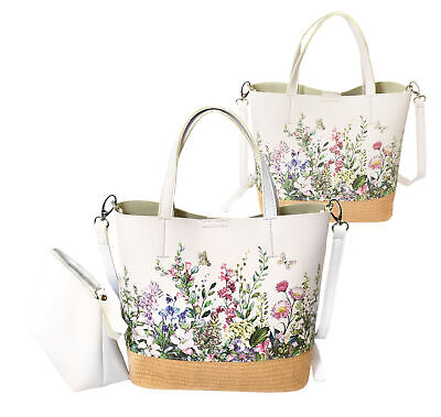 Women's Two Tone Wicker Floral Pattern Handbag Vegan Leather 2 in 1 Tote Purse